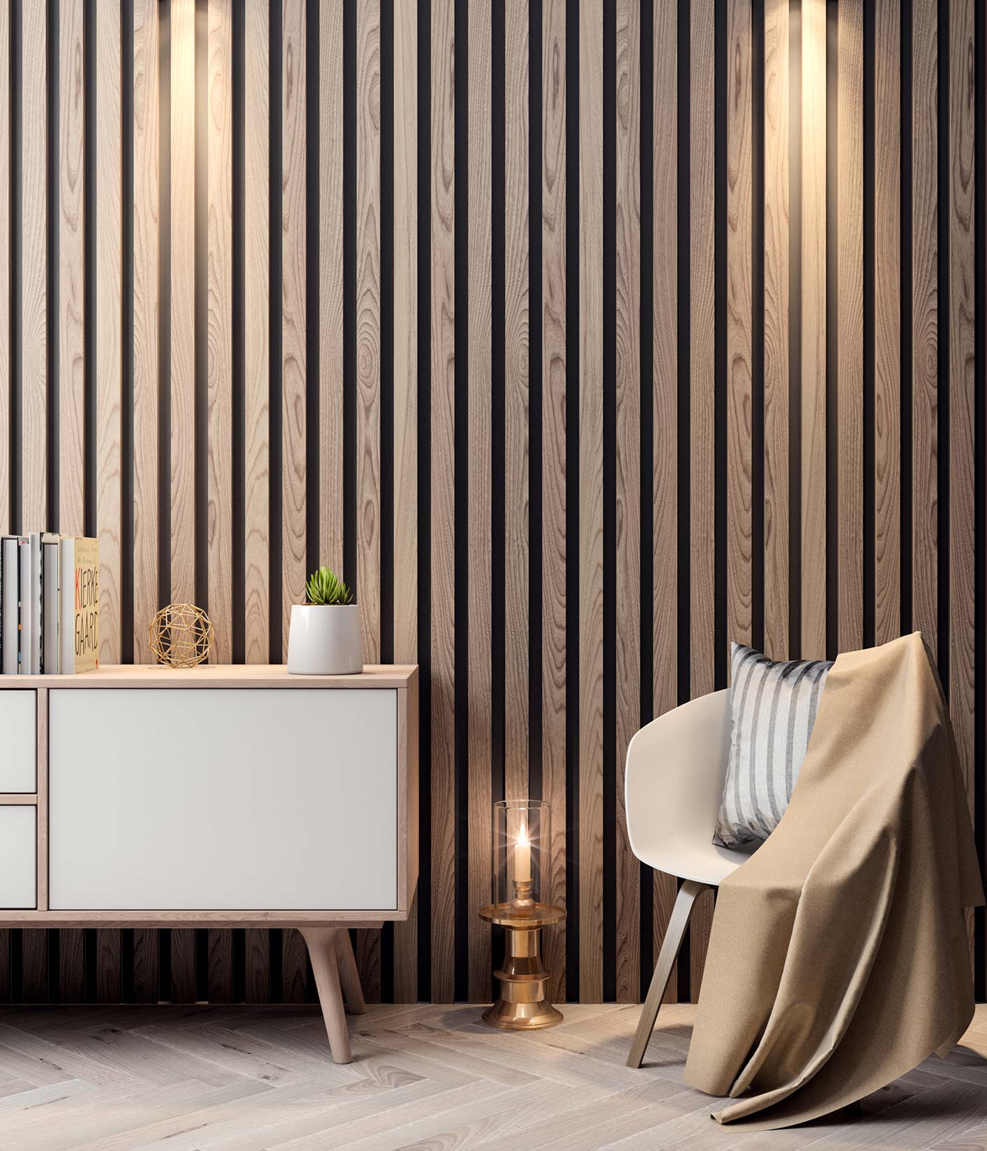 Kreative Akustikpaneel-Designs für dynamische Innenräume Nahaufnahme einer Wand mit Akustikpaneelen aus Holz, davor ein Schrank und ein Stuhl