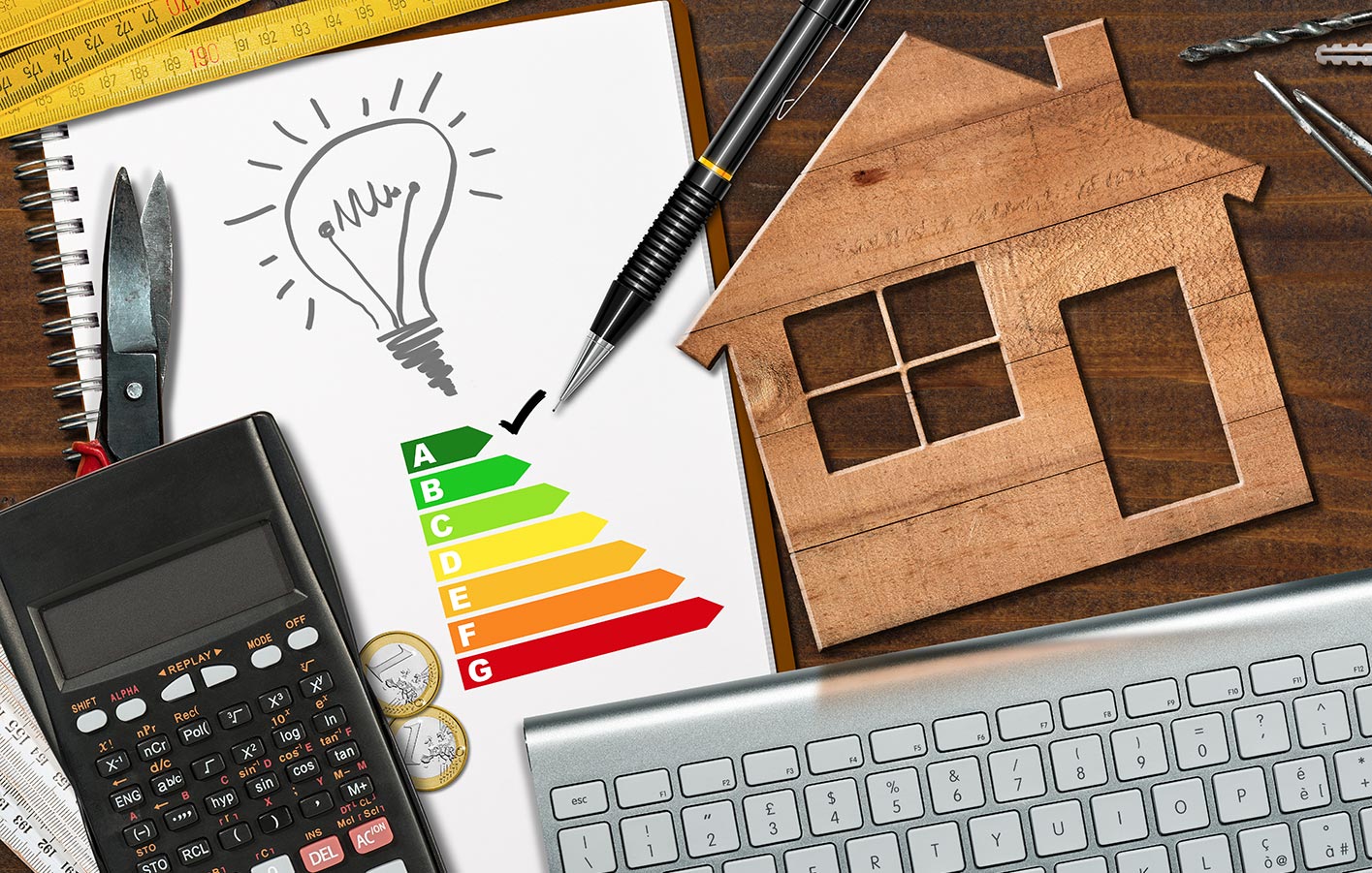 Energieeffizientes Haus - moderne Bodentreppe nicht vergessen Eine Karrigatur mit verschiedenen Symbolen zum Energiesparen mit einem Einfamilienhaus
